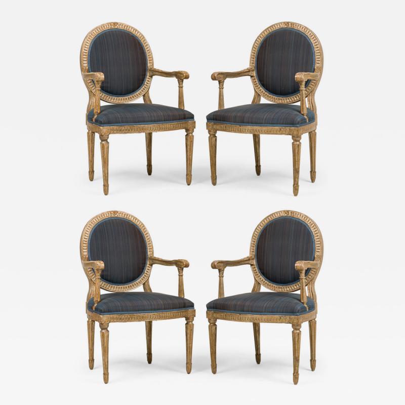 Set of 4 Italian Neo Classic Silver Gilt Arm Chairs