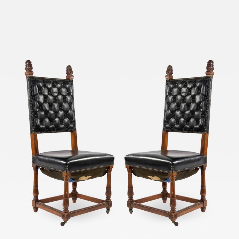 Set of 4 Italian Renaissance Black Leather Side Chairs