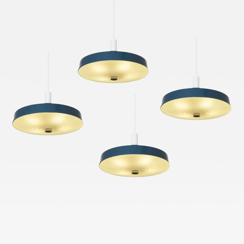 Set of 4 Large Mid Century Pendant Lamps in Painted Metal and Opaline Glass 1960