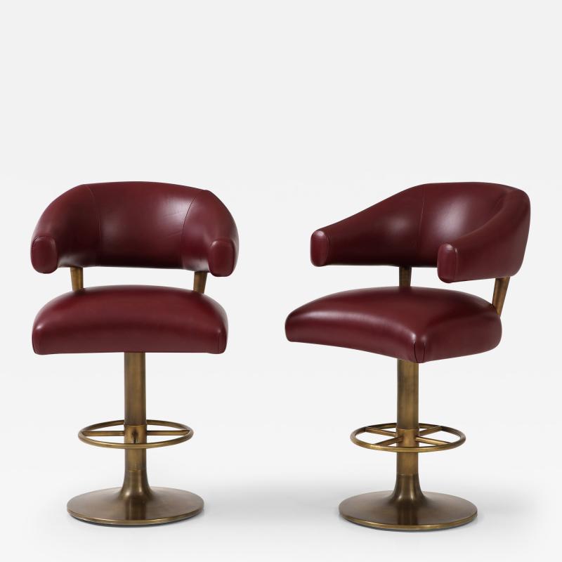 Set of 4 Leather Brass Bar Stools