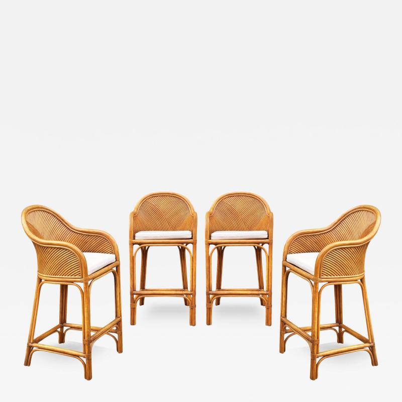 Set of 4 Matching Mid Century Modern Rattan or Bamboo Bar Stools