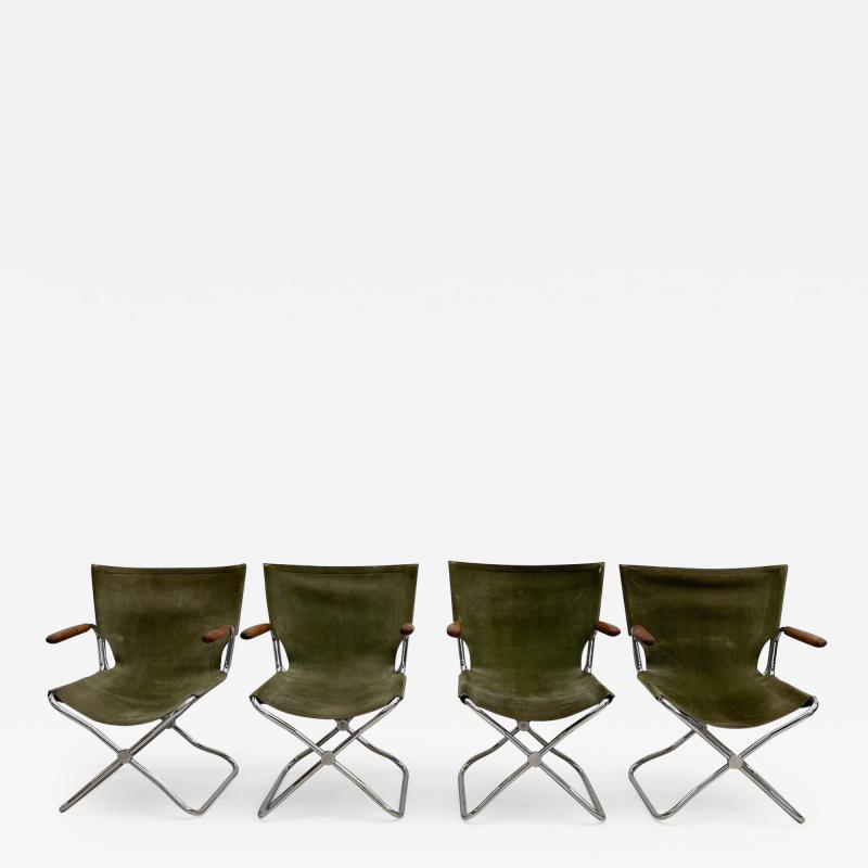 Set of 4 Mid Century Modern Green Canvas Folding Armchairs