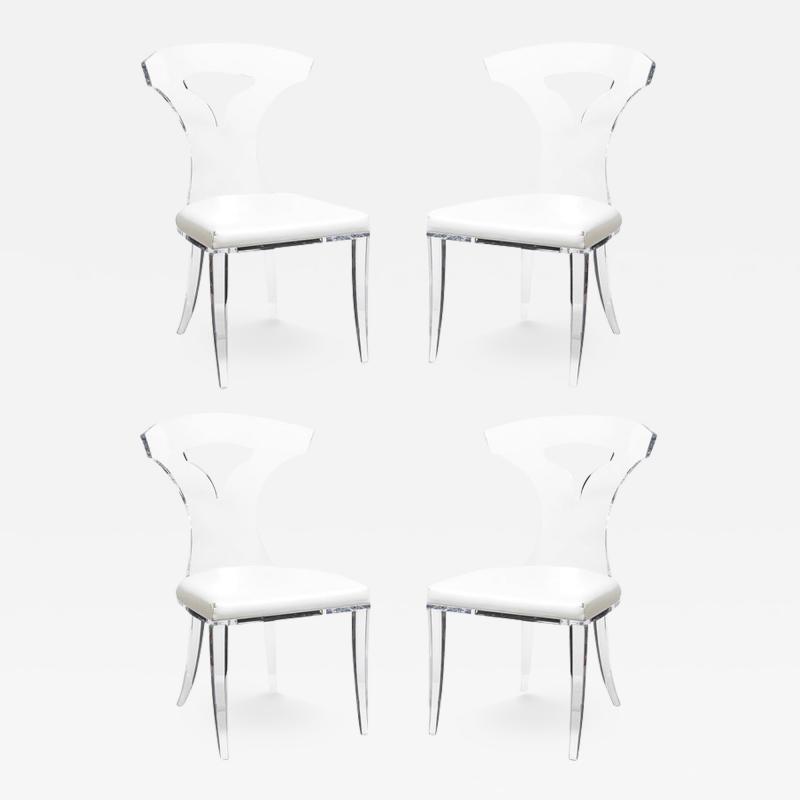 Set of 4 Mid Century Modernist Klismos Lucite Chairs W White Leather Upholstery