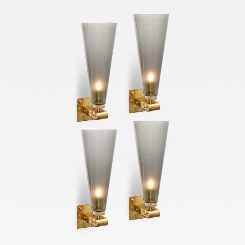 Set of 4 Modern Conical Smoked Graphite Handblown Murano Glass Brass Sconces