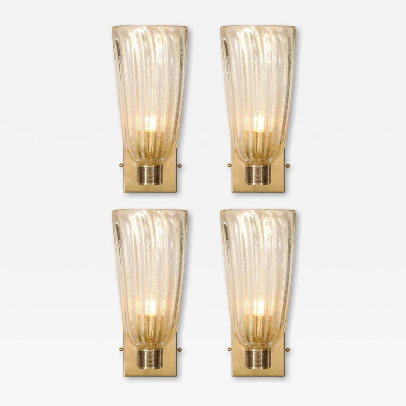 Set of 4 Modernist Hand Blown Murano Fluted Glass Sconces W 24kt Gold Flecks