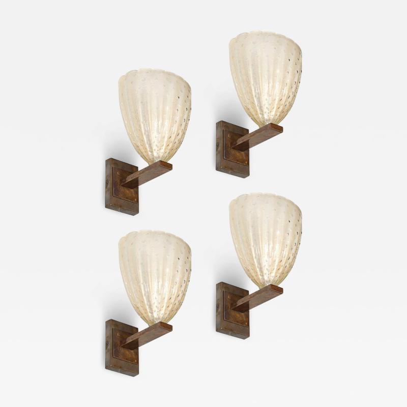 Set of 4 Modernist Hand Blown Murano Glass Sconces in Opalene Glass w 24Kt Gold