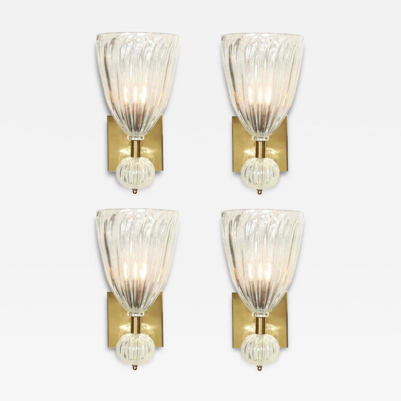 Set of 4 Modernist Handblown Iridescent Murano Glass Sconces w Orbital Drop