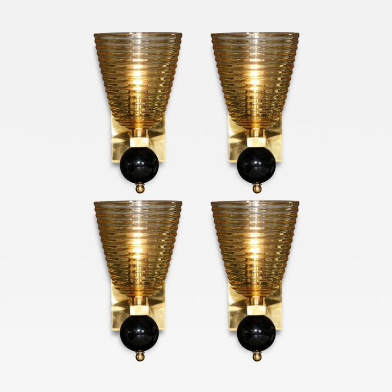 Set of 4 Modernist Handblown Murano Hive Glass Form Sconces w Jet Black Orbital