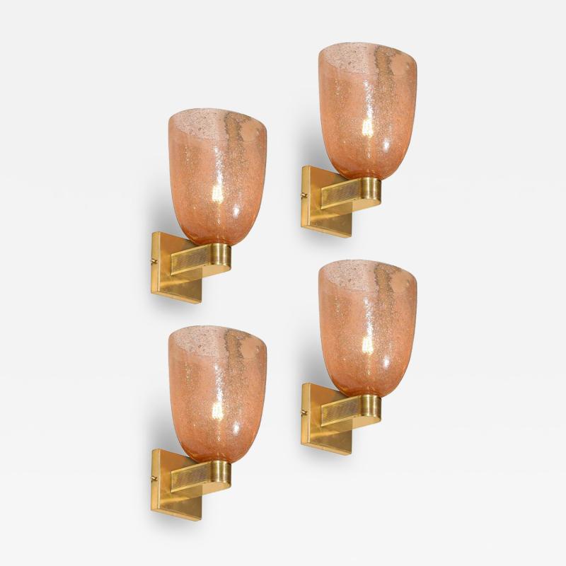 Set of 4 Modernist Handblown Smoked Rose Brass Murano Glass Pulegoso Sconces