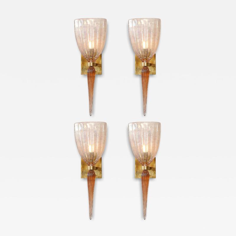 Set of 4 Modernist Handblown Spike Drop Iridescent Pink Murano Glass Sconces