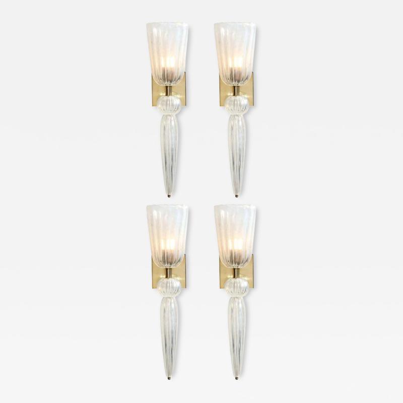 Set of 4 Modernist Iridescent Murano Glass Brass Sconces w Elongated Drop