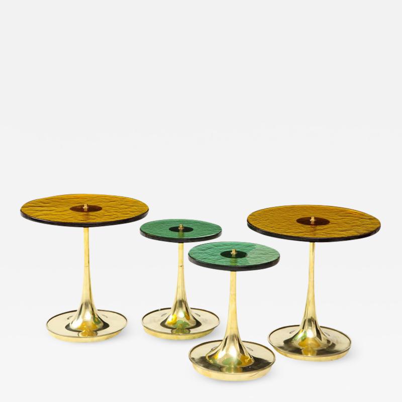 Set of 4 Round Bronze and Green Murano Glass and Brass Side Tables Italy 2021