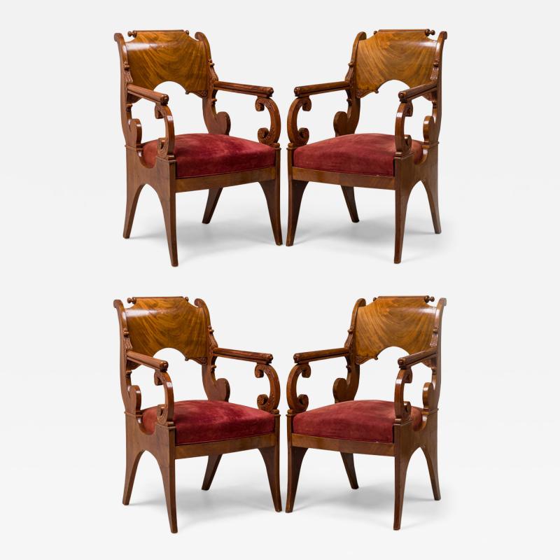 Set of 4 Russian Neo Classic Mahogany Scroll Form Red Upholstered Armchairs