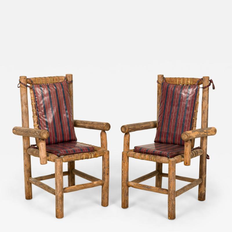 Set of 4 Rustic Adirondack Style Wood and Woven Gut Armchairs