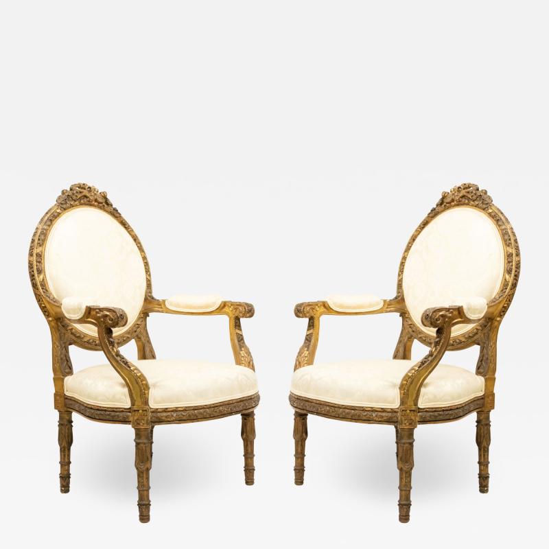 Set of 4 Set of 4 French Louis XVI Damask Arm Chairs