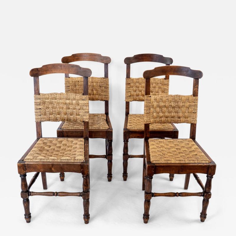 Set of 4 Vintage Dining Chairs with Woven Rope Seats and Backrests 1940s