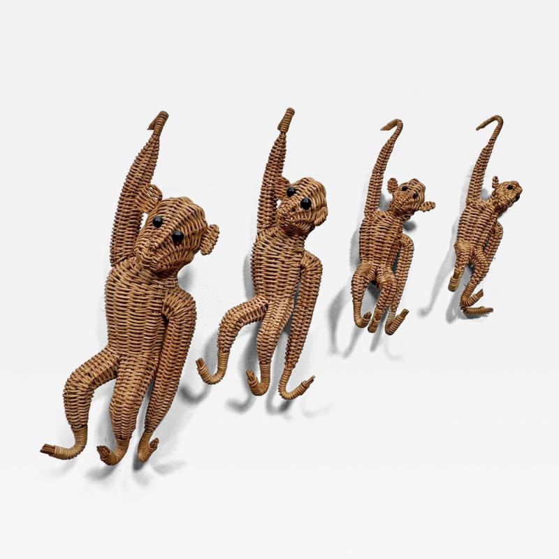 Set of 4 Vintage Hanging Wicker Monkeys 1960s