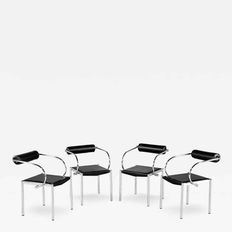 Set of 4 Vintage Modern Black Leather Tubular Metal Chairs