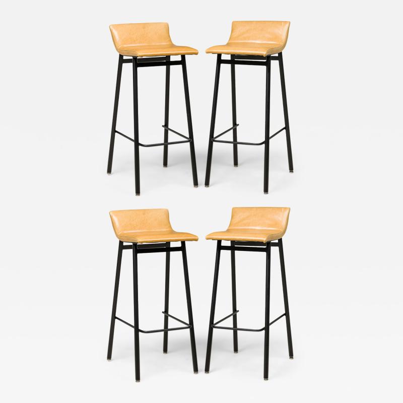 Set of 4 Vista Black Enamel Barstools with Mustard Upholstered Scoop Seats