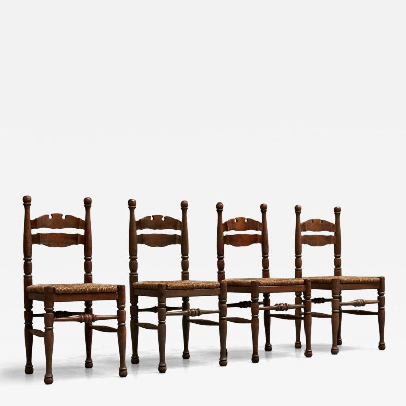Set of 4 Whimsical Chairs in Oak and Rush 1950s