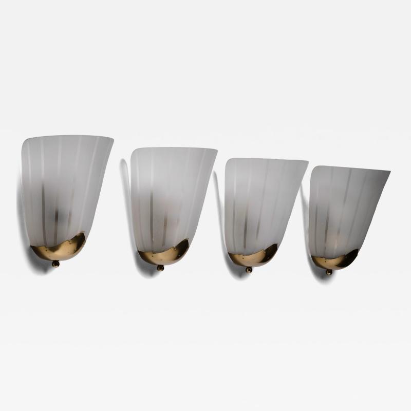 Set of 4 brass and glass wall lamps