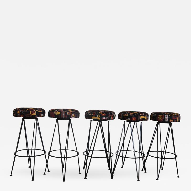 Set of 5 Bar Stools with New Tiki Upholstery and Swivel Seats