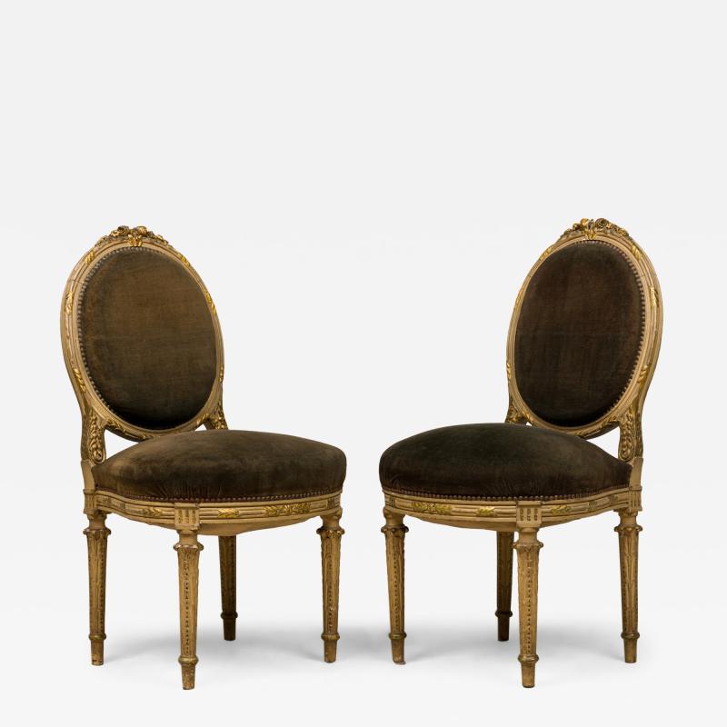 Set of 5 French Louis XVI Style Oval Back Green Velvet Upholstered Dining Chairs