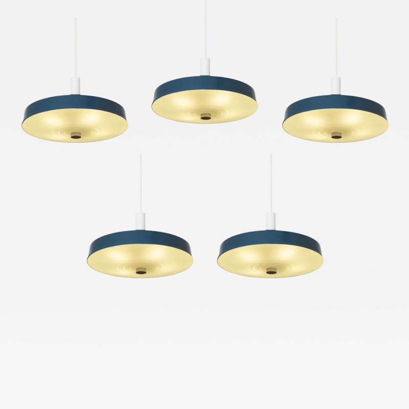Set of 5 Large Mid Century Pendant Lamps in Painted Metal and Opaline Glass 1960