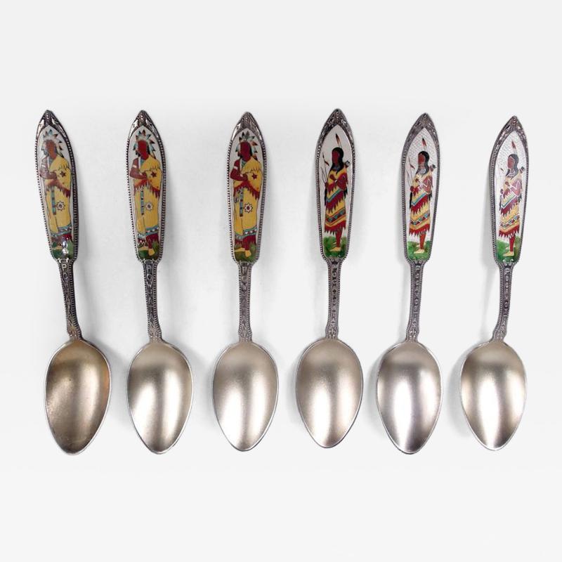 Set of 6 American Colonial Revival Powhatan Pocahontas Enamel Spoons