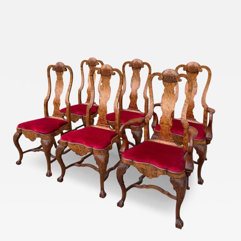 Set of 6 Antique George I Burl Walnut Dining Chairs