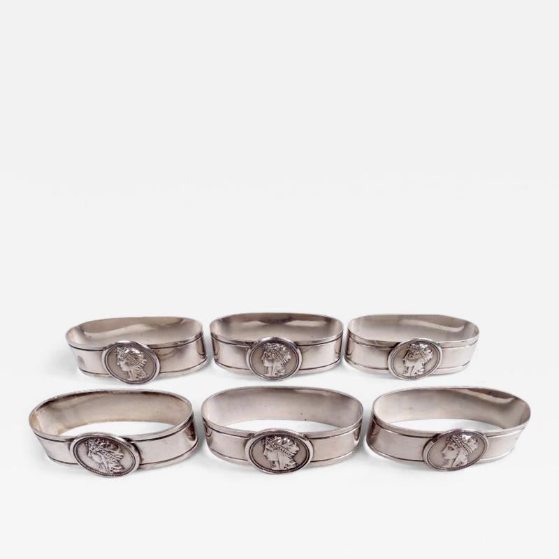 Set of 6 Antique Gorham Medallion Coin Silver Napkin Rings