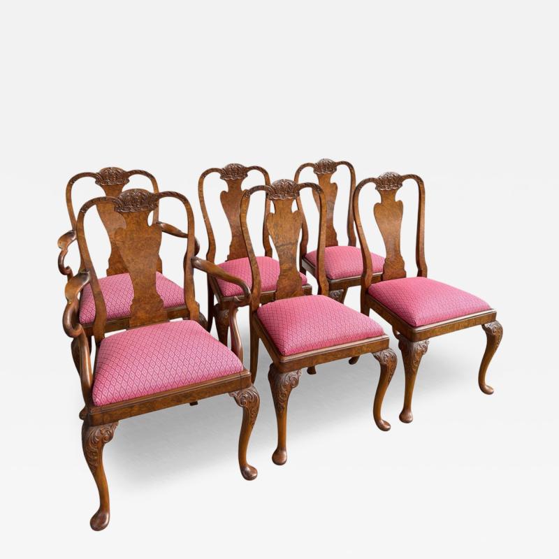 Set of 6 Antique Queen Anne Style Carved Burl Walnut Dining Chairs