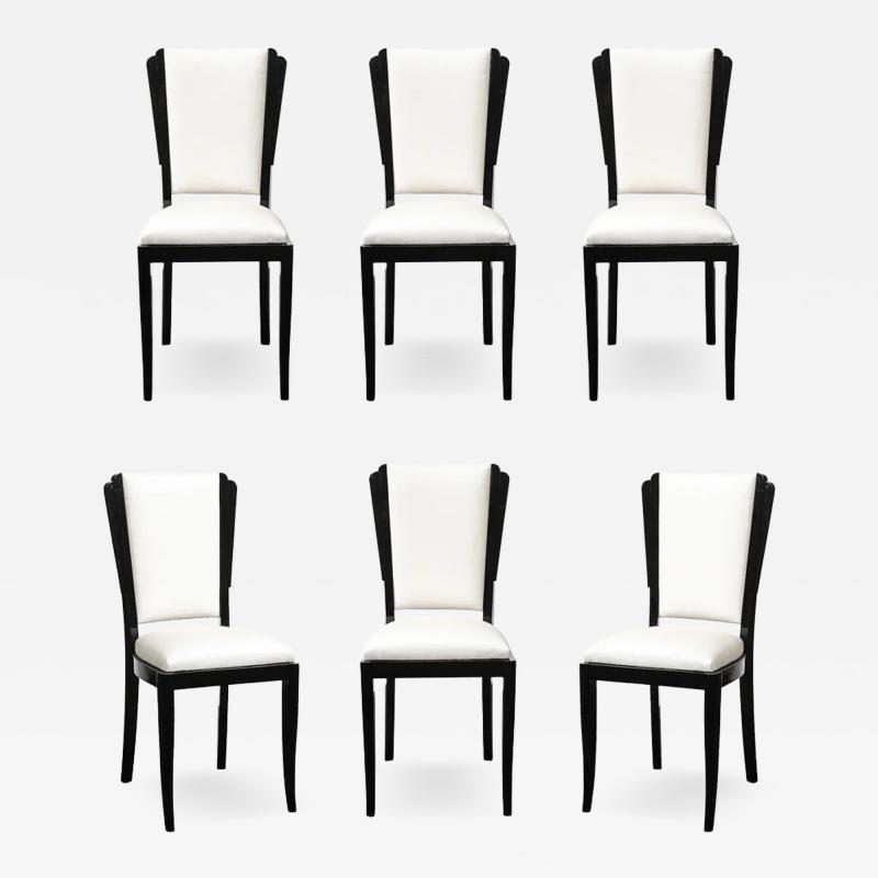 Set of 6 Art Deco Skyscraper Black Lacquer Off White Upholstery Dining Chairs