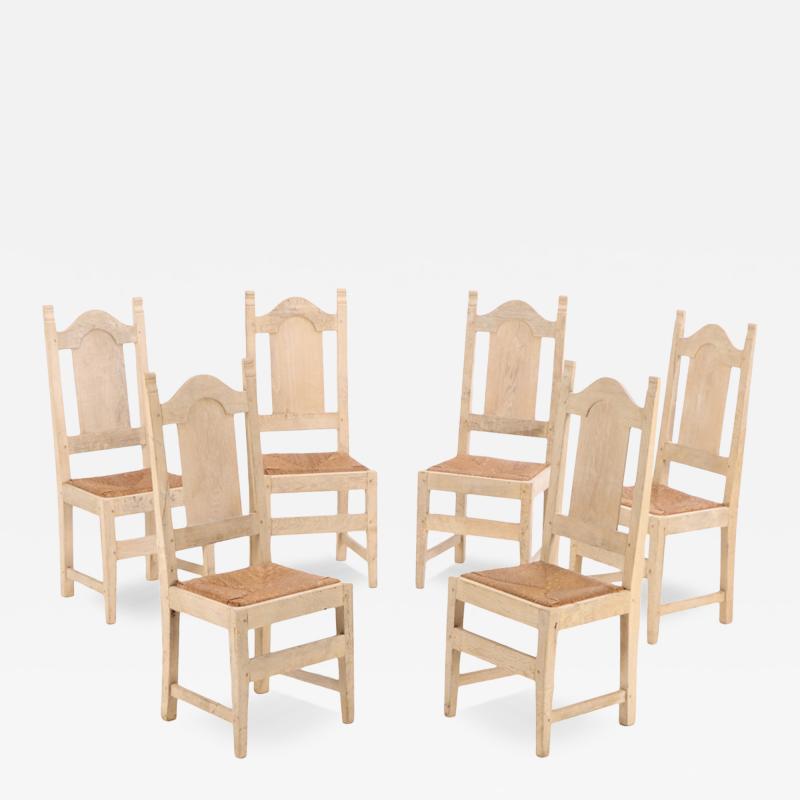 Set of 6 Belgian Dining Chairs with Rush Seats and High Arched Backs 1960s