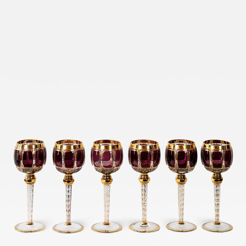 Set of 6 Bohemian Handmade Gilt Glass Wine Glasses