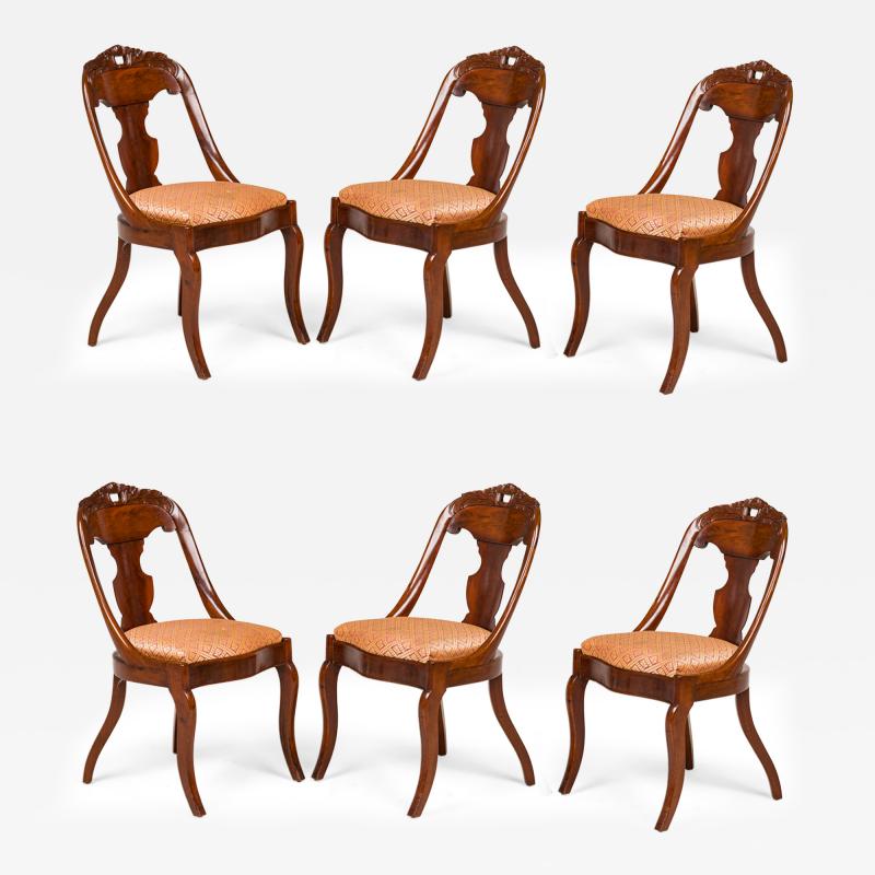 Set of 6 Carved Wood Gondola Dining Chairs with Acanthus Weave Upholstered Seats