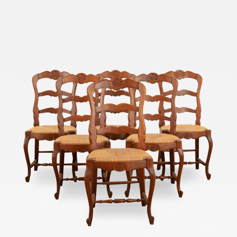 Set of 6 French Oak Rush Seat Dining Chairs