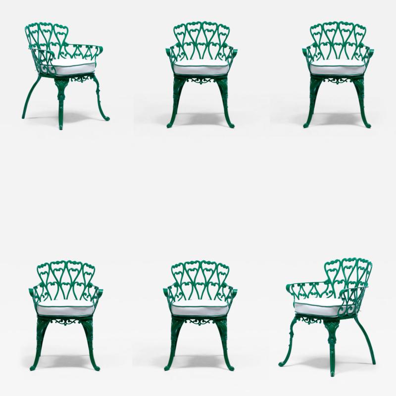 Set of 6 Hollywood Regency Neo Baroque Patio Dining Chairs in Jade Green c 1960