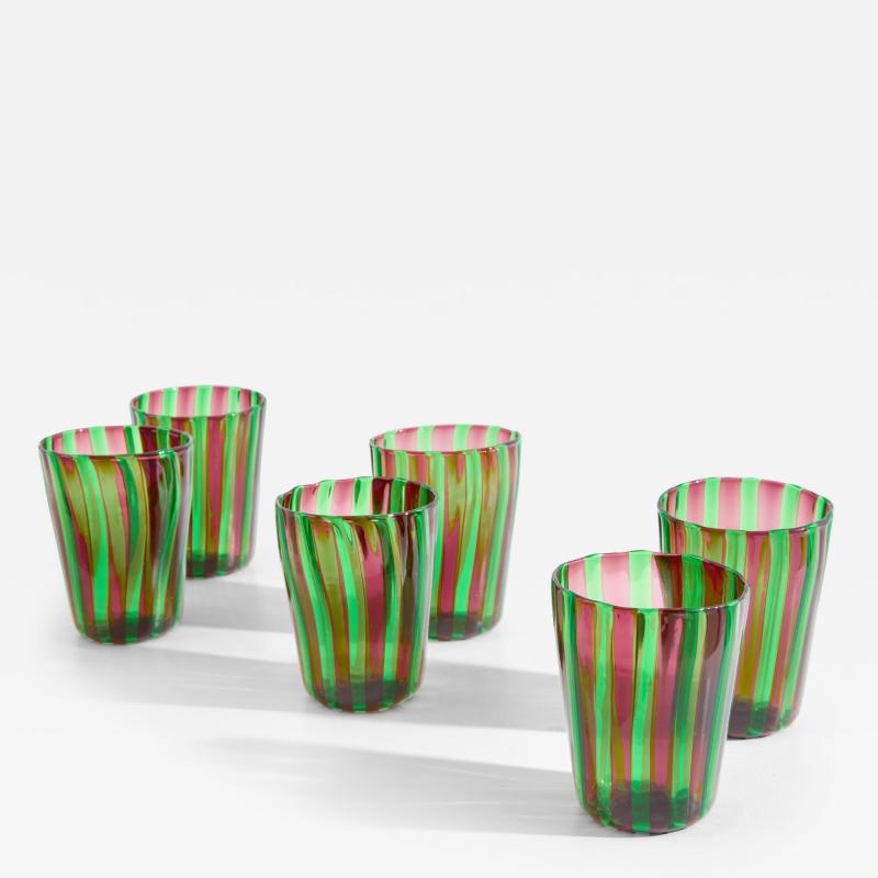 Set of 6 Italian Murano green and purple glass tumblers 1980s