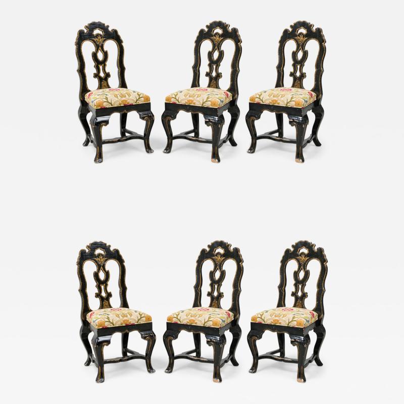 Set of 6 Michael Taylor Black Giltwood Upholstered Dining Side Chairs