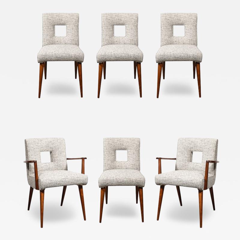 Set of 6 Mid Century Modern Walnut Cutout Back Arm Side Chairs by Paul Frankl