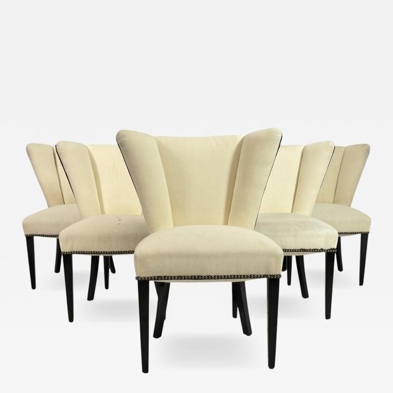 Set of 6 Mid Century Tuxedo Dining Chairs Ebonized Wood Brass Nailheads
