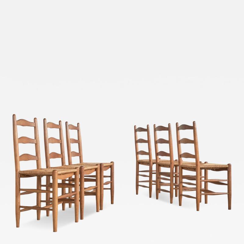Set of 6 Midcentury Oak and Rush Chairs 1950s
