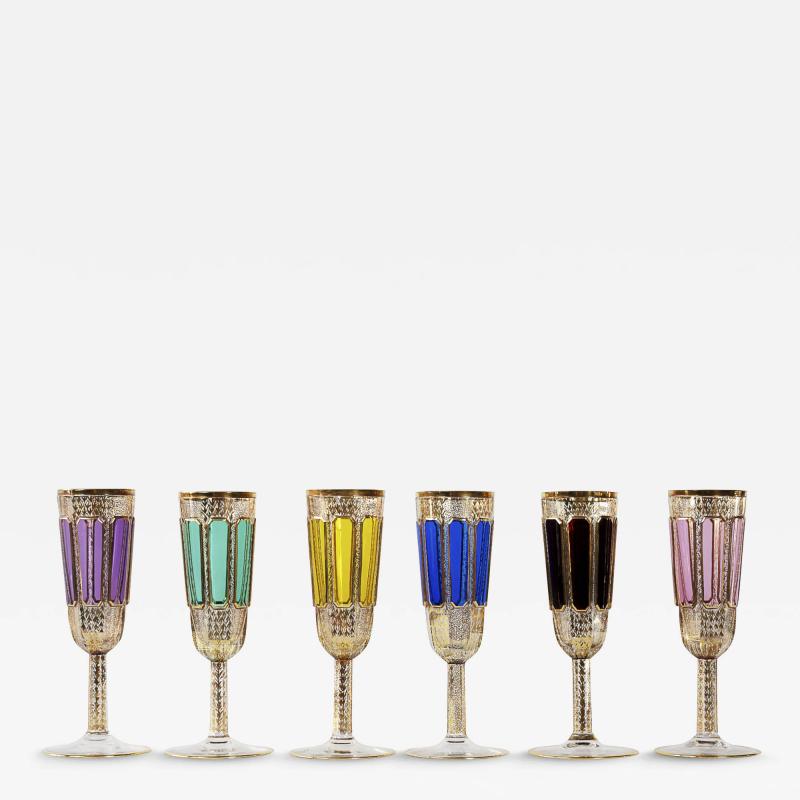 Set of 6 Moser Bohemian Handmade Gilt Glass Champagne Flutes Glasses