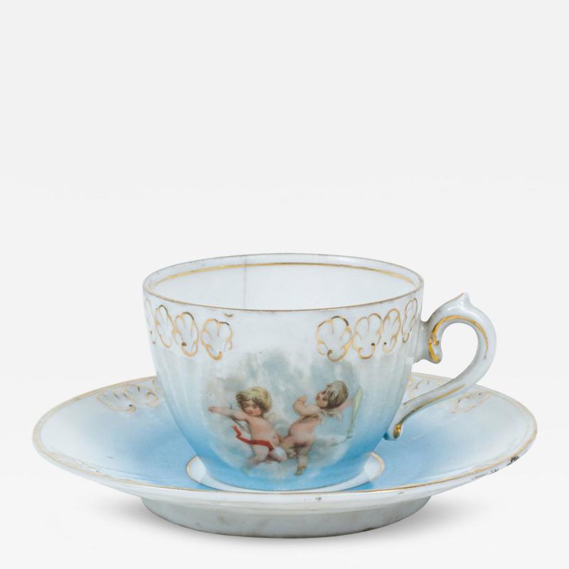 Set of 7 French Victorian Porcelain Teacups and Saucers
