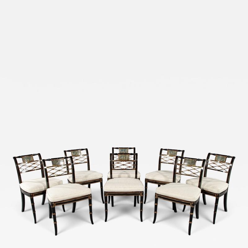 Set of 8 Antique English Regency Style Ebonized and Gilt Dining Chairs