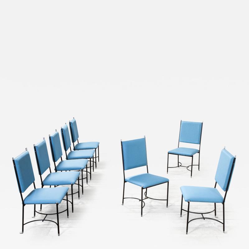 Set of 8 Chairs with Metal Structure and Blue upholstery 60s