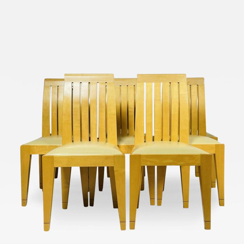 Set of 8 Dining Chairs in Blonde Wood and Leather Upholstery 
