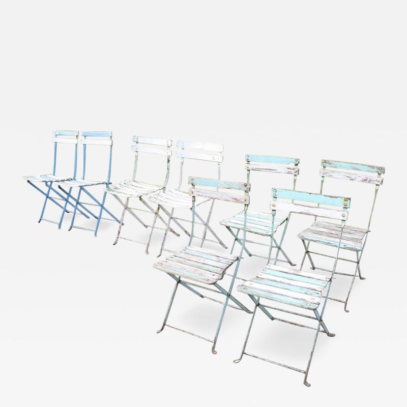 Set of 8 French Bistro Garden Folding Chairs in Iron and Wood Slats