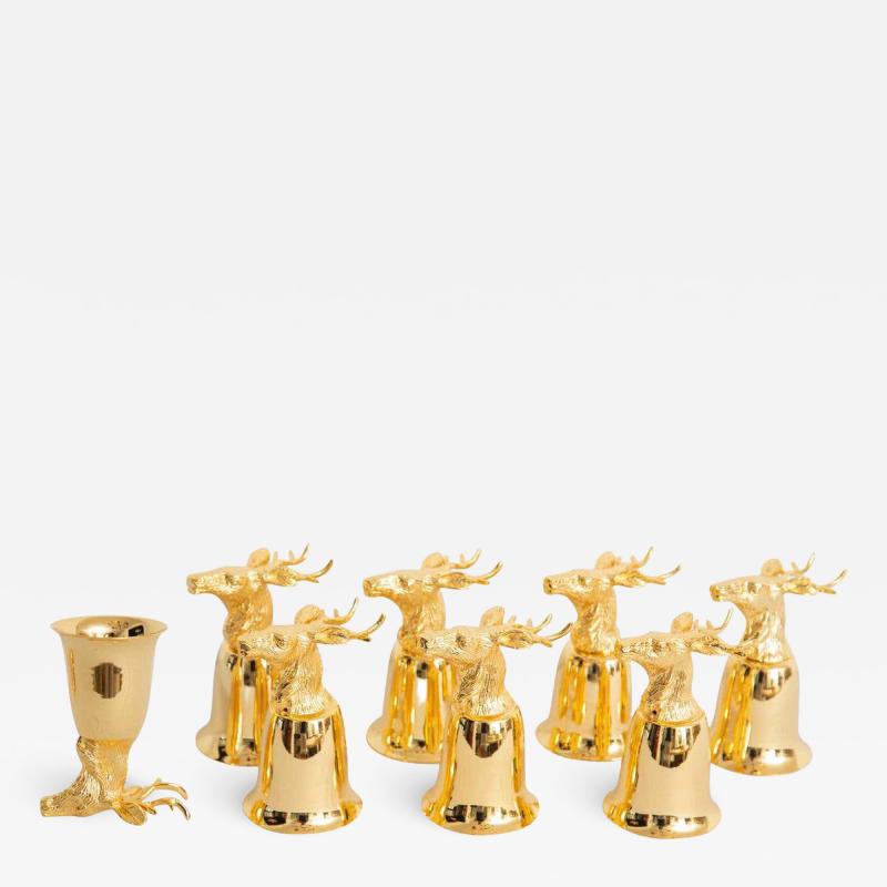 Set of 8 Gold Plated Stirrup Cups Goblets with Animal Heads Stags